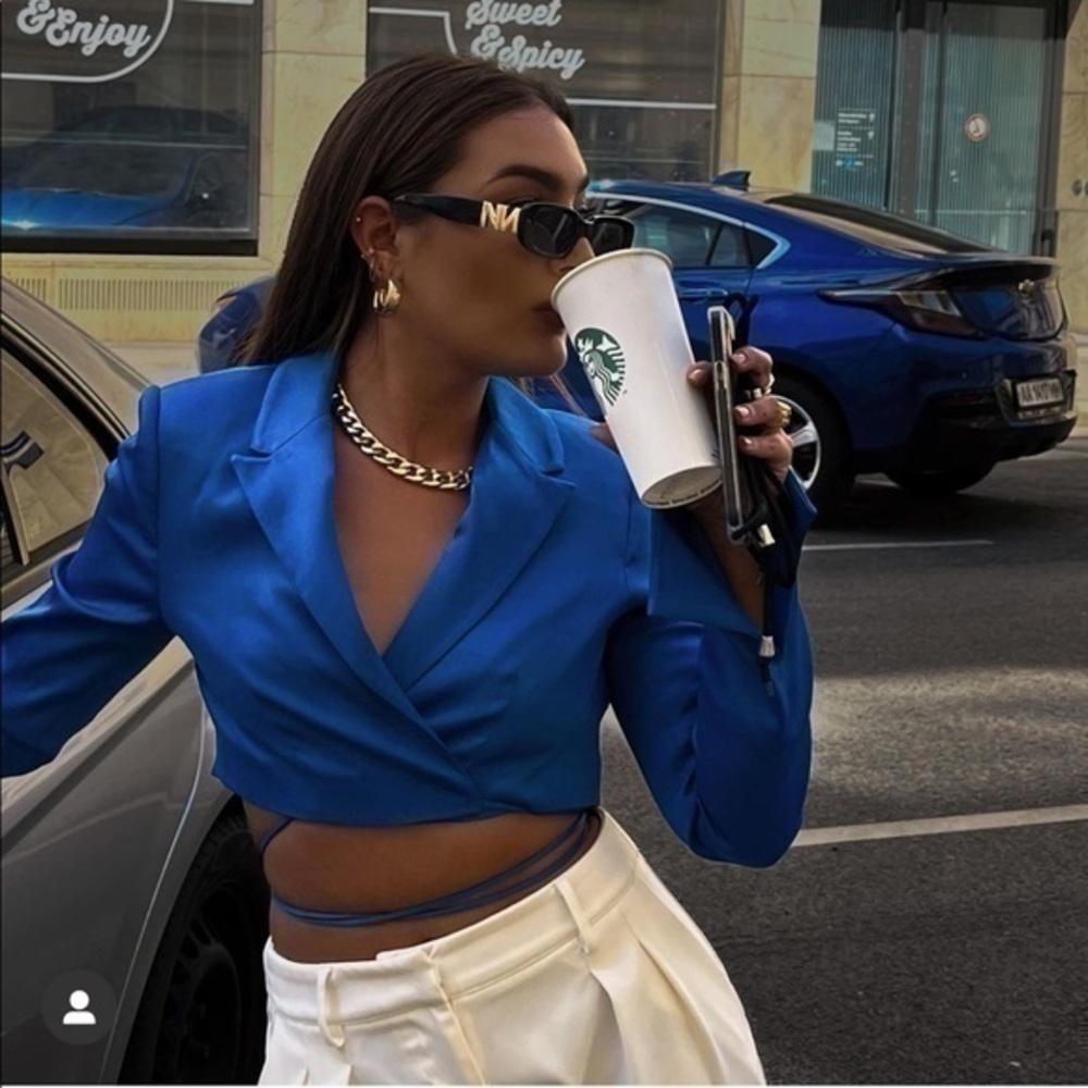 New Zara | Blue Front Tie Satin Effect Cropped Blazer